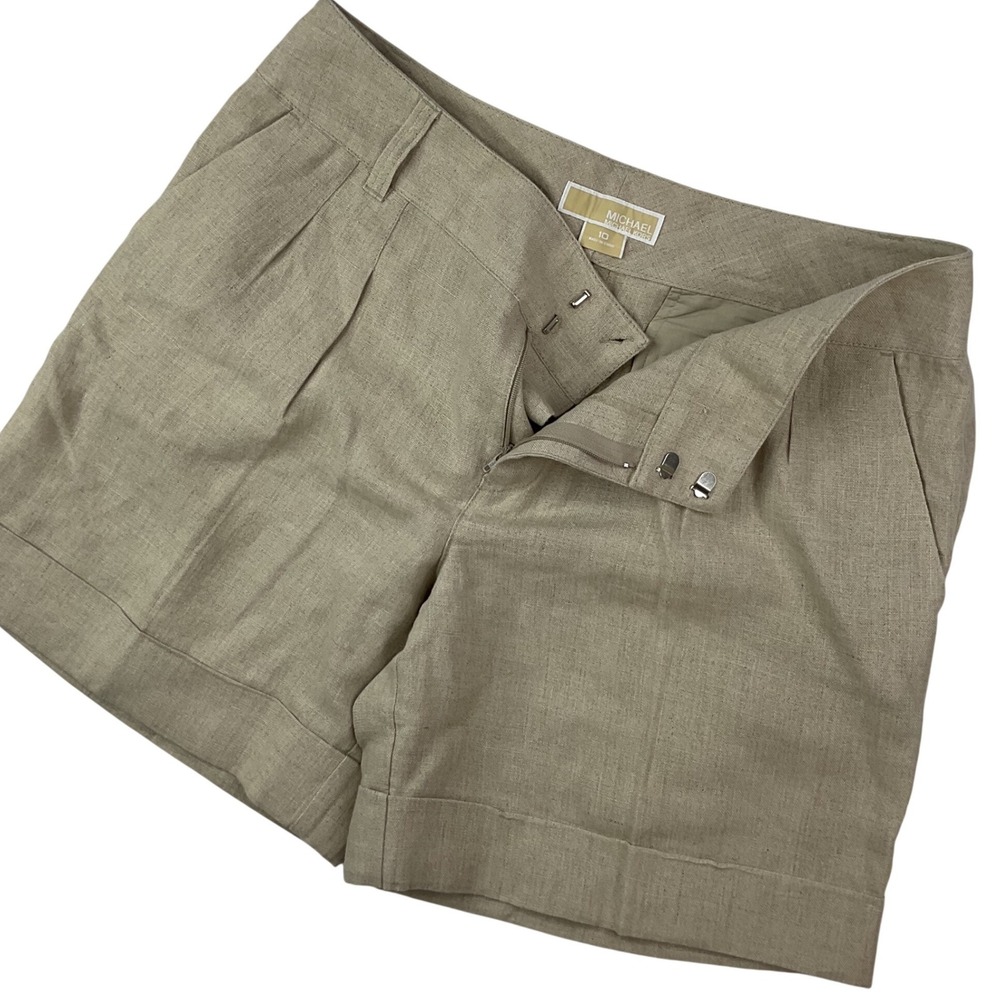 Michael Kors 100% Linen Shorts Pleated Knit Beige Women Sz 10 Beach Resort Chic